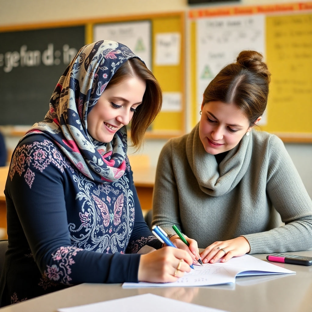 Two women in a classroom writing in note books