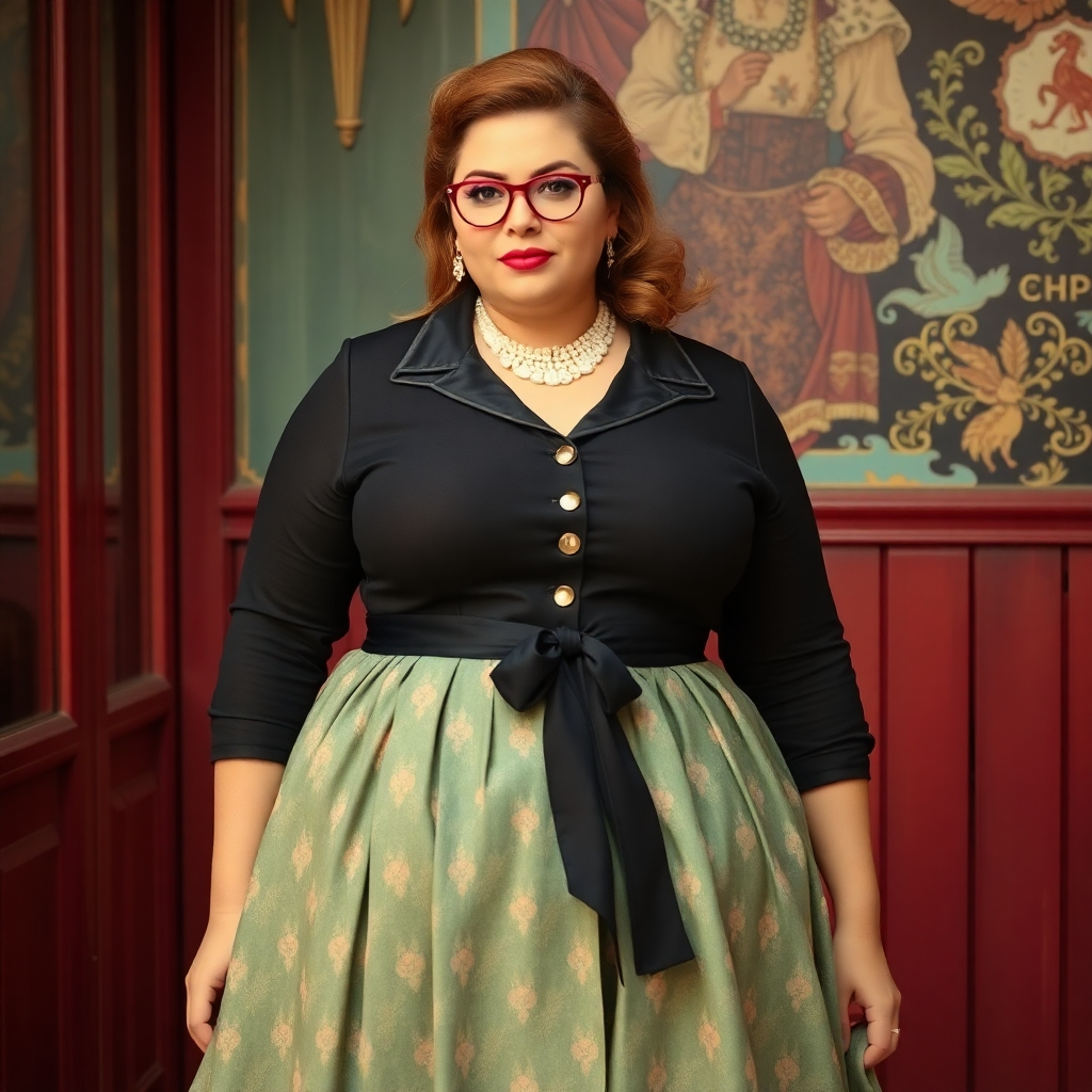 A woman with red hair and glasses standing in a hallway in a vintage black blouse and green polka dot skirt