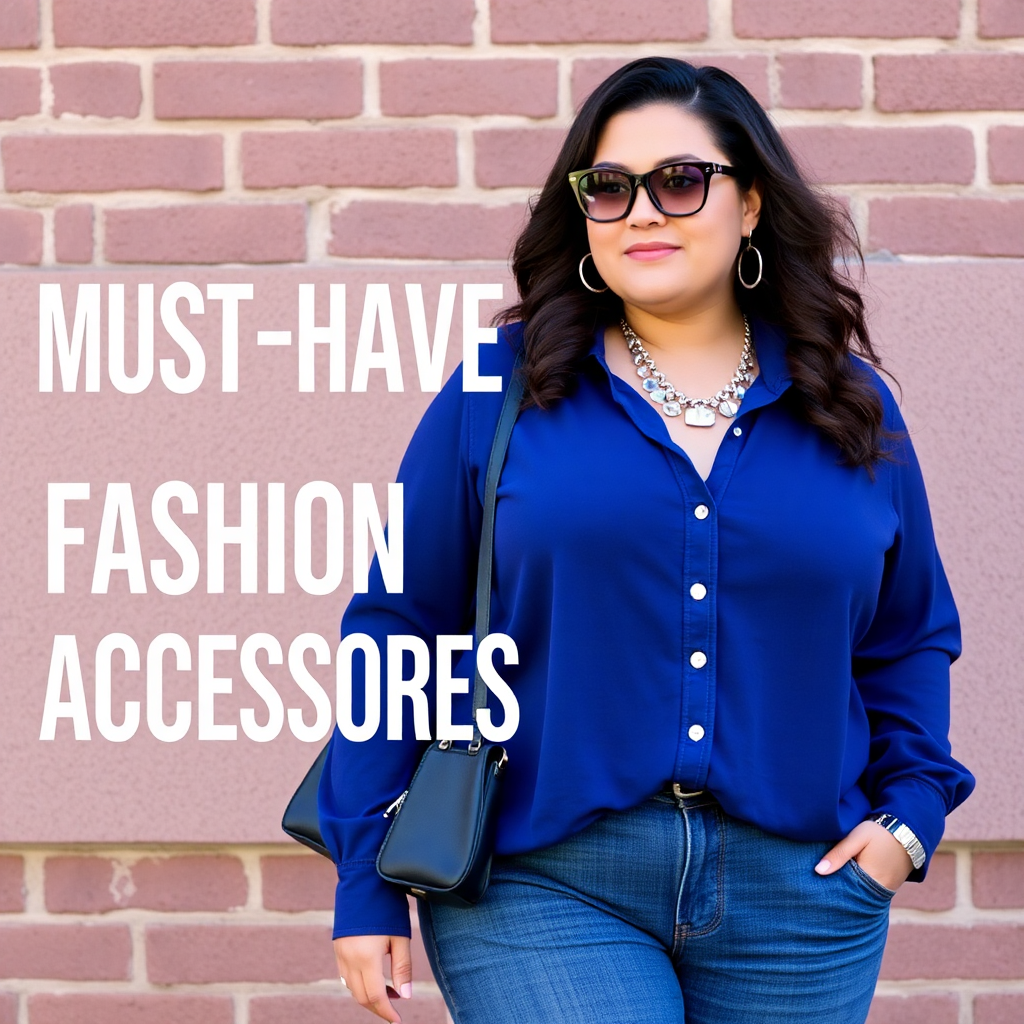 A plus size woman in a blue blouse and blue jeans wearing the latest Must-Have Fashion Accessories
