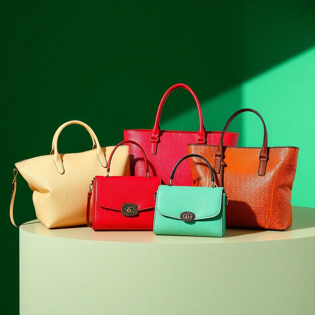 Five handbags of different sizes and colors