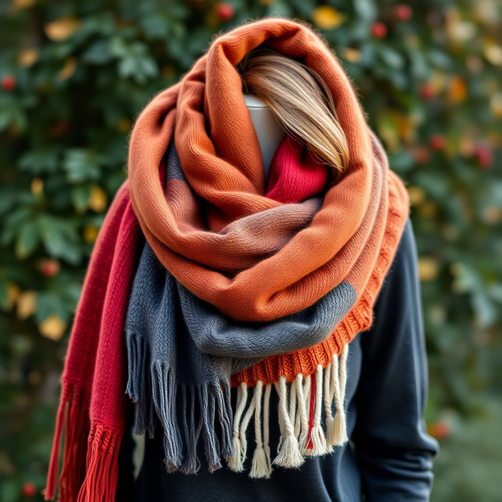  A picture of a mannequin with scarves of many color around its neck