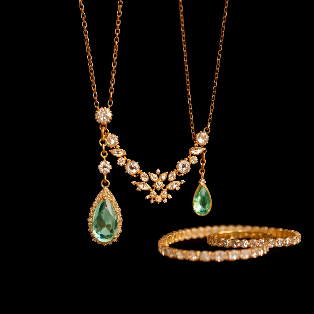 A picture of a necklace and two diamond bracelets 