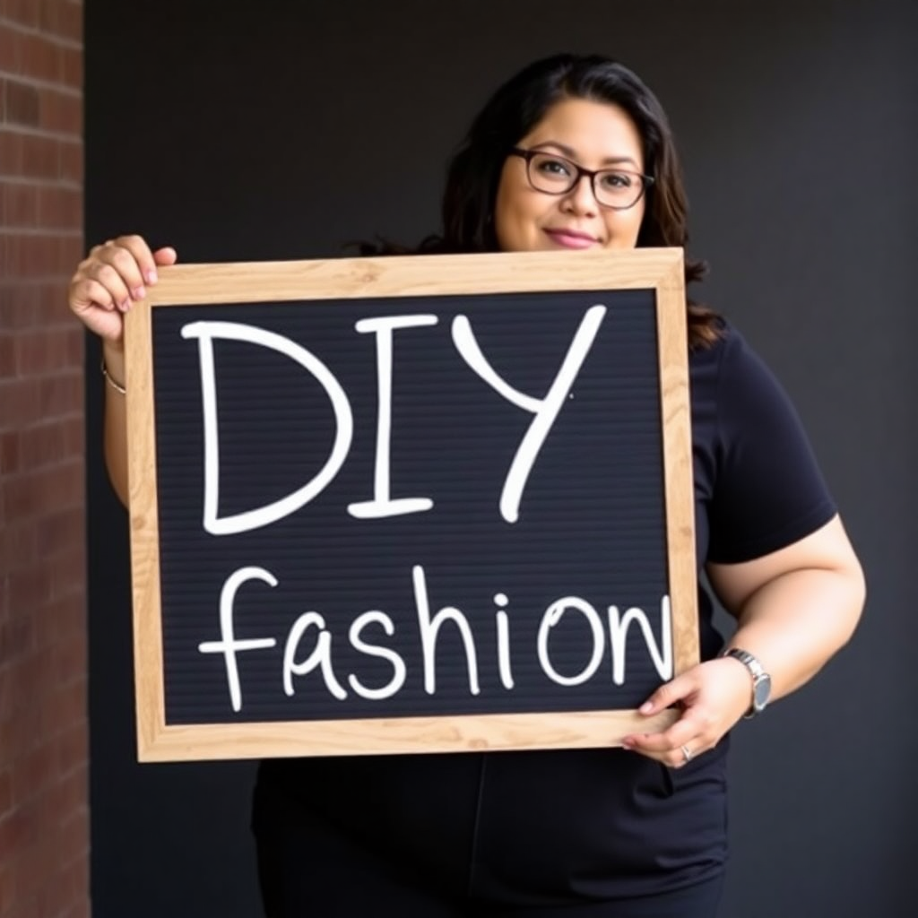 A woman in glasses holding up a sign thst reads DIY fashion