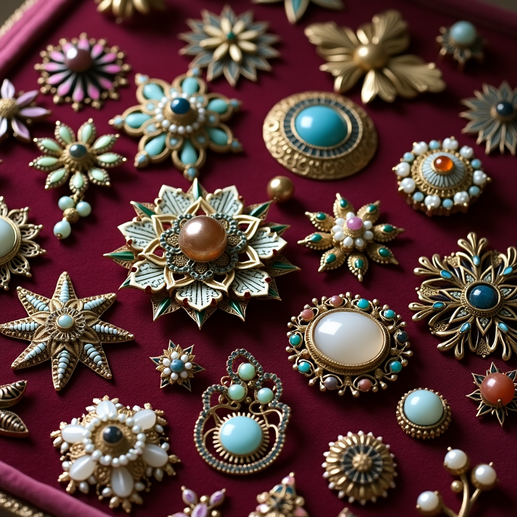 A picture of many Vintage Brooches on a burgundy display material 