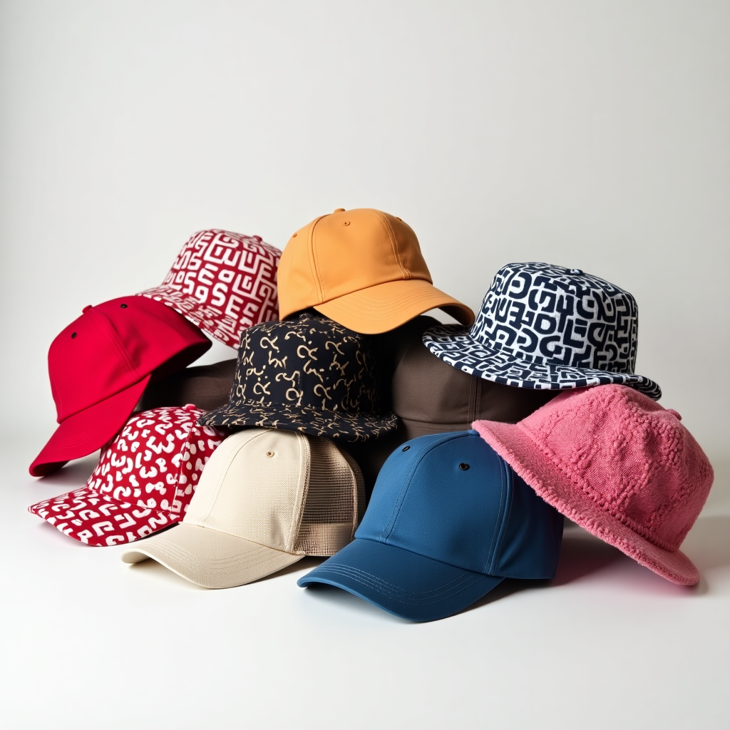 A picture of several caps and bucket hats all different colors