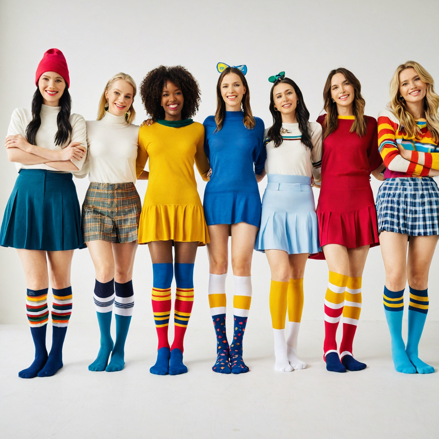 A picture of seven women wearing multi colored socks