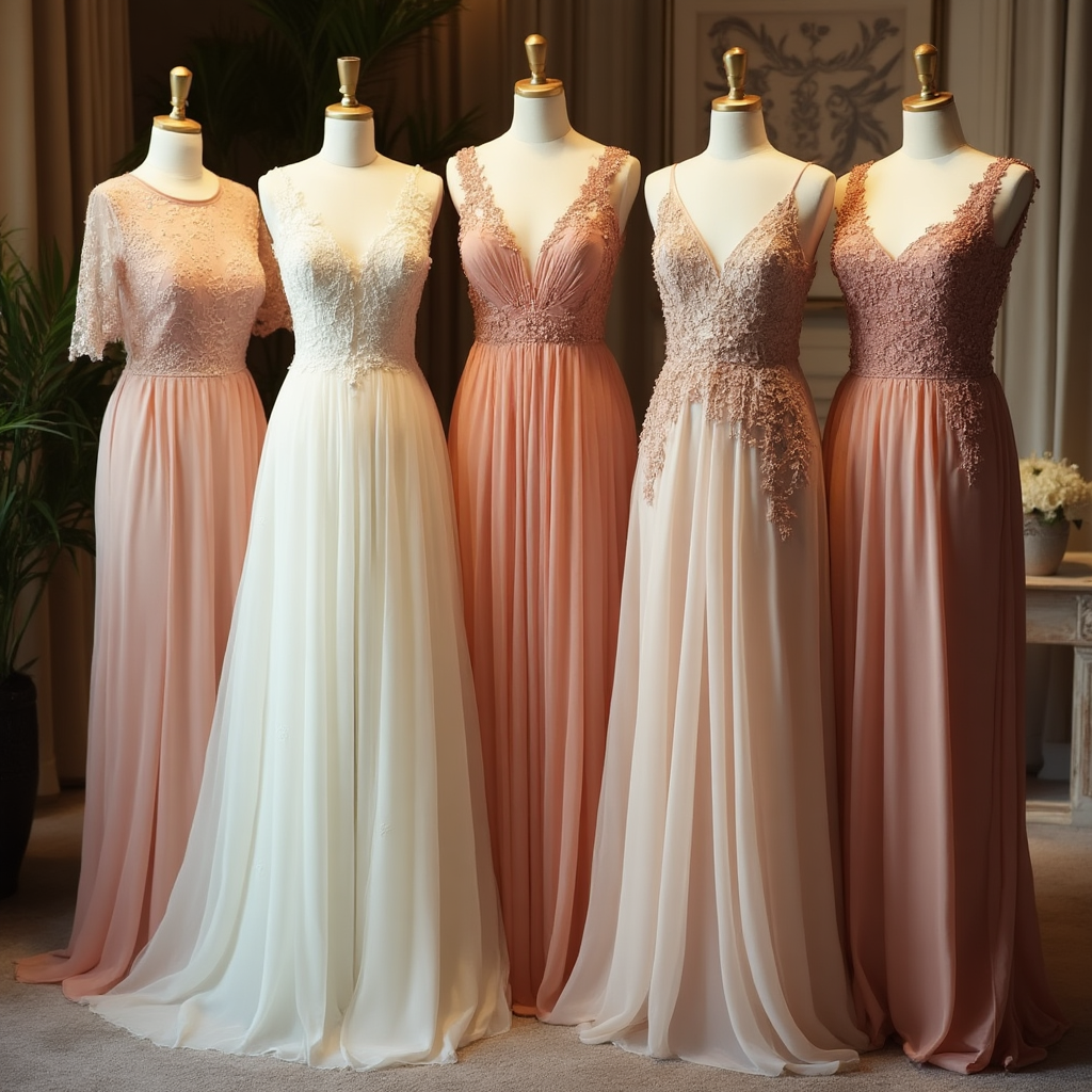 A photo of five wedding guess dresses