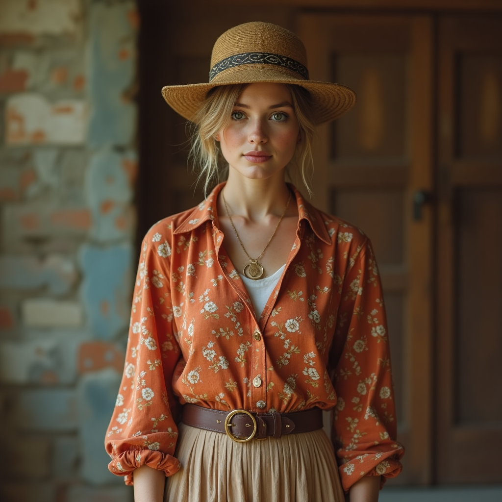 A picture of a woman wearing a straw hat orange long sleeve blouse and a tan skirt 