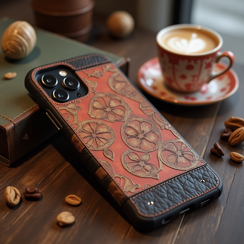 Picture of cup of coffee with a phone with a chic phone case