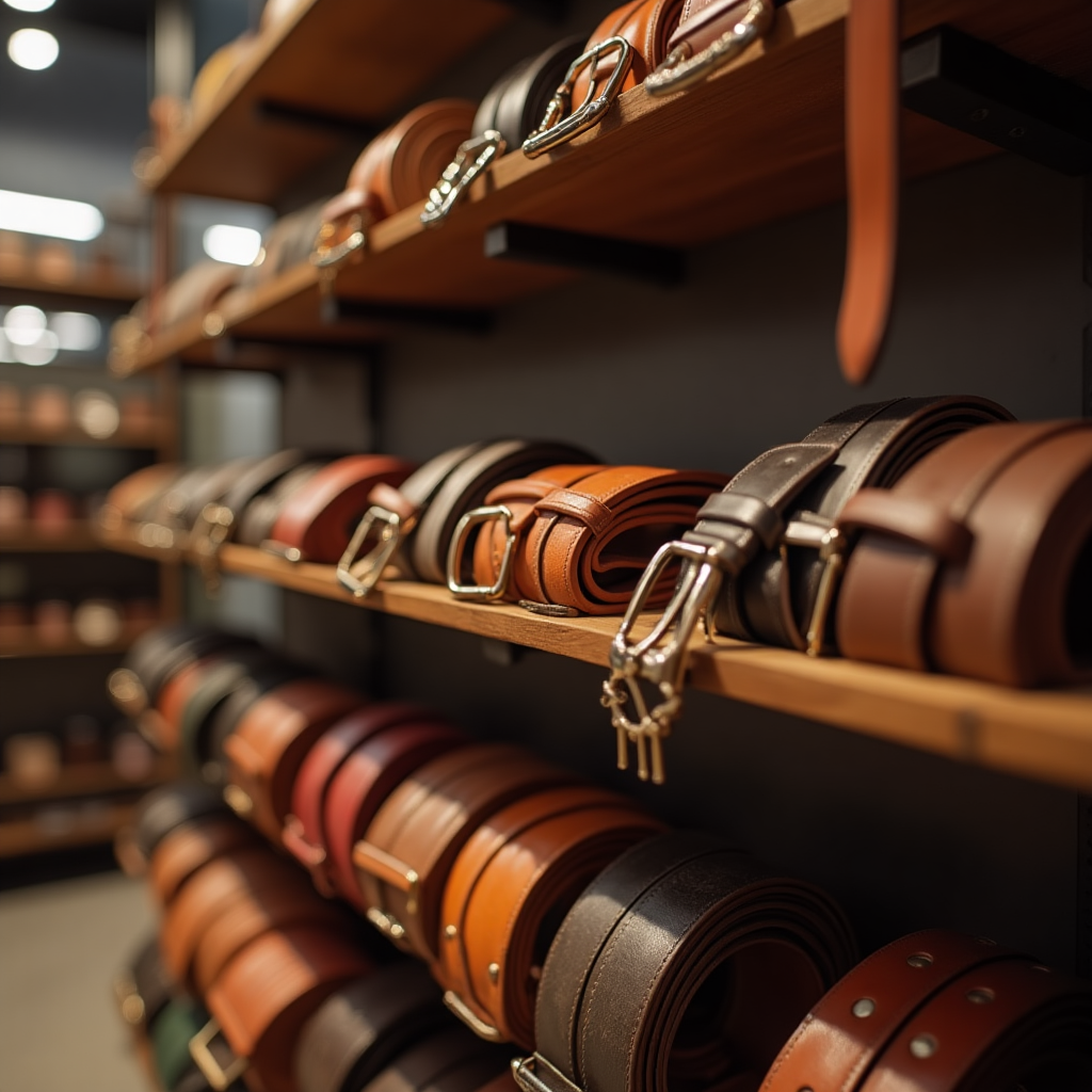 A picture of many shelves in a store with belts on each one