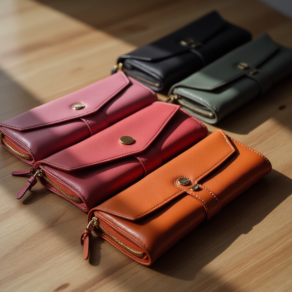 A picture of a few women's wallets of different colors