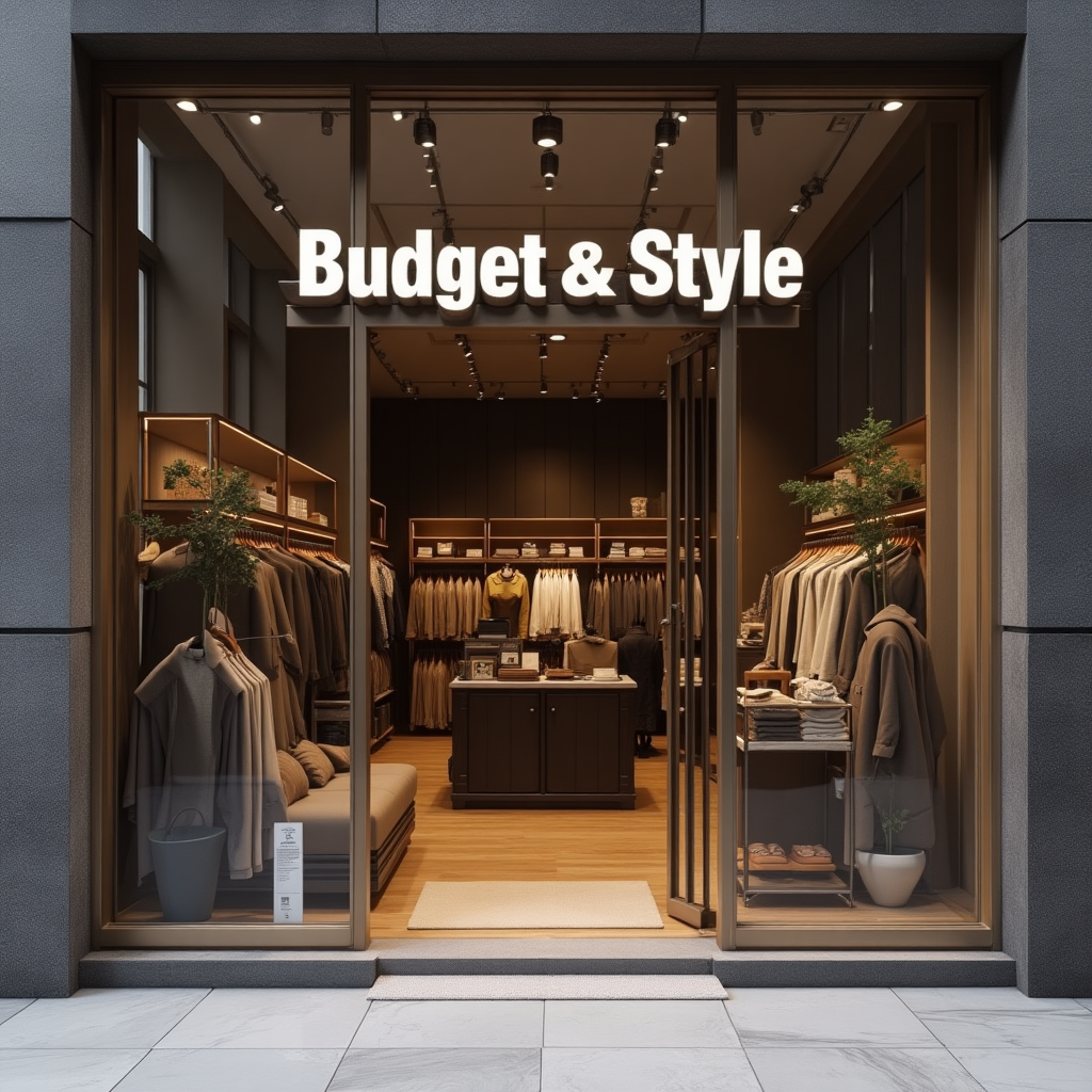 A picture of a thrift store with budget and style written on the outside