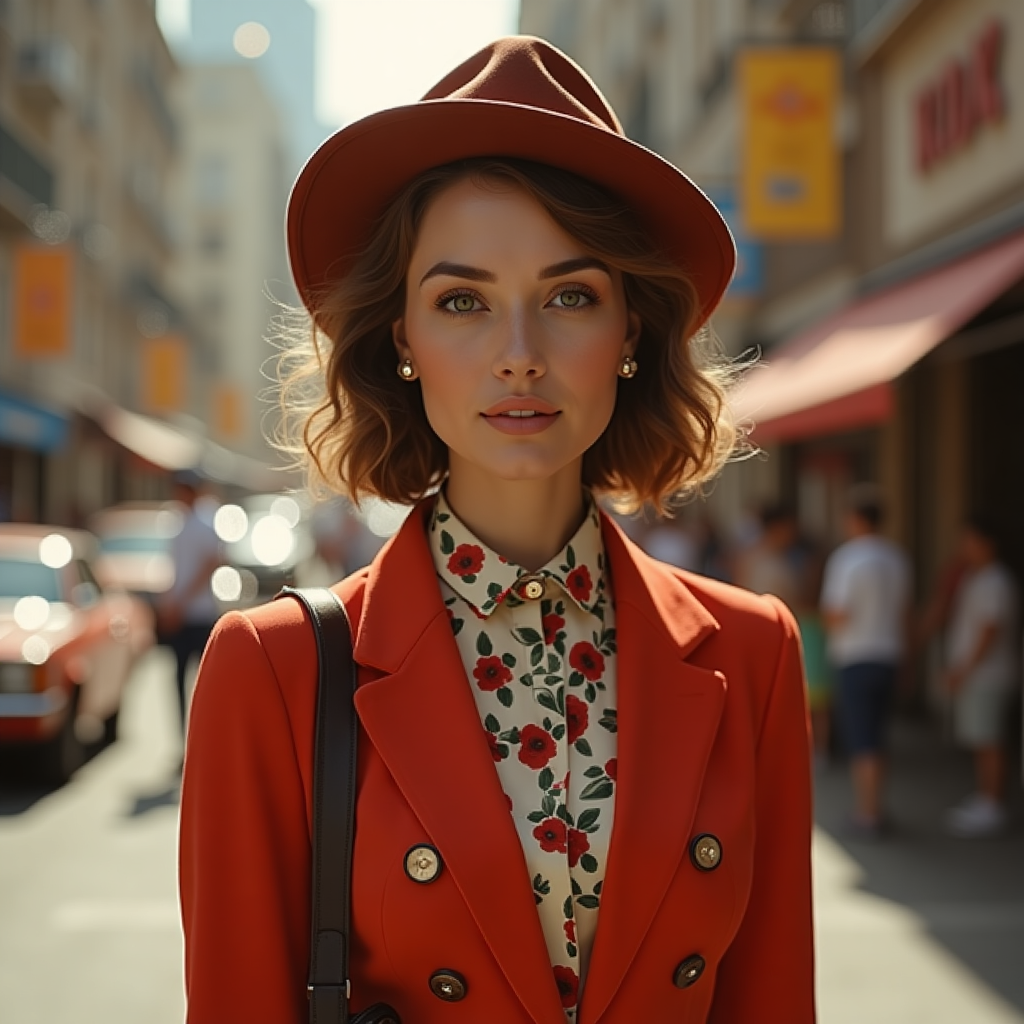 A woman wearing a felt hat flowery blouse and a orange jacket