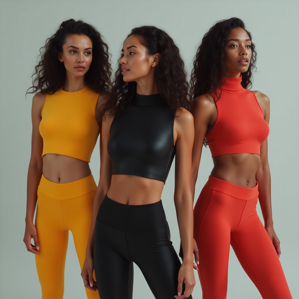 Three black women wearing yellow, black and red spandex