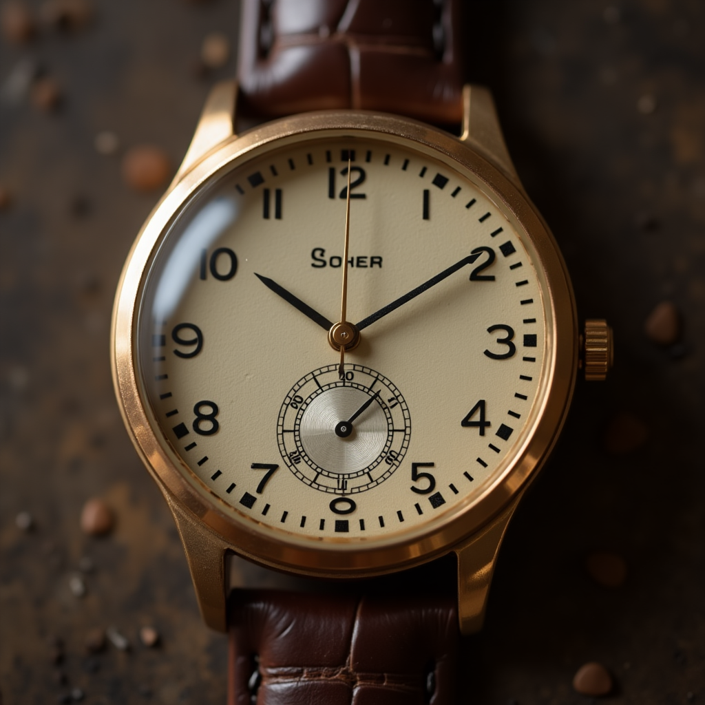 A photo of a vintage women's watch with a brown leather band
