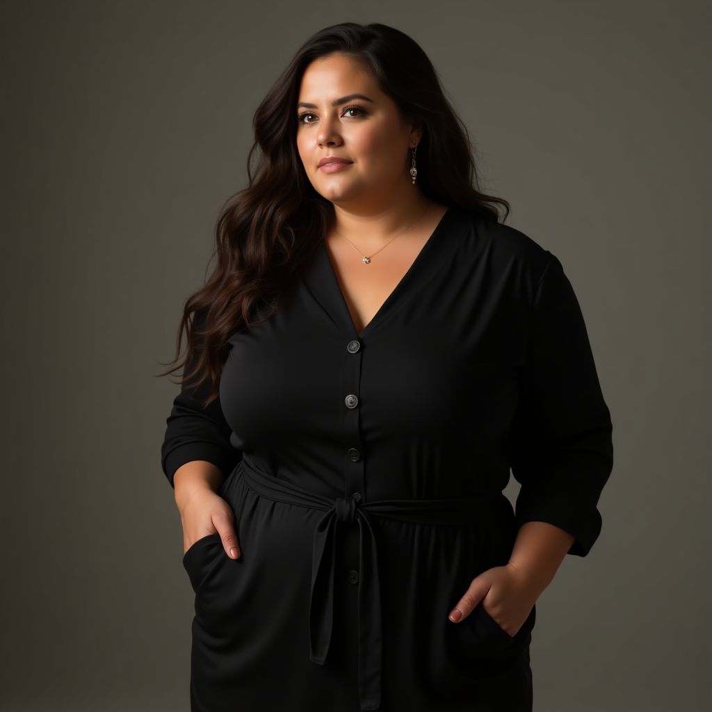 A woman wearing a long sleeve black dress