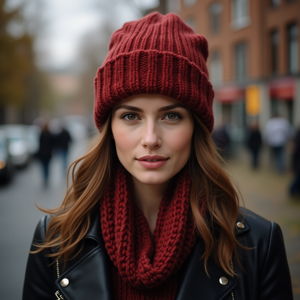 A photo of a woman wearing a burgundy Hipster Beanies