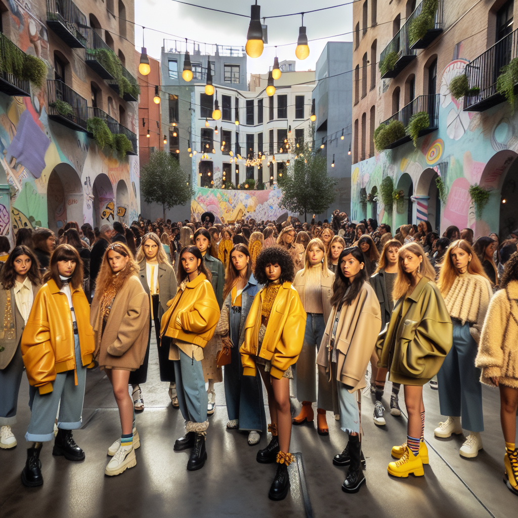 People gather in a city square wearing yellow and brown jackets