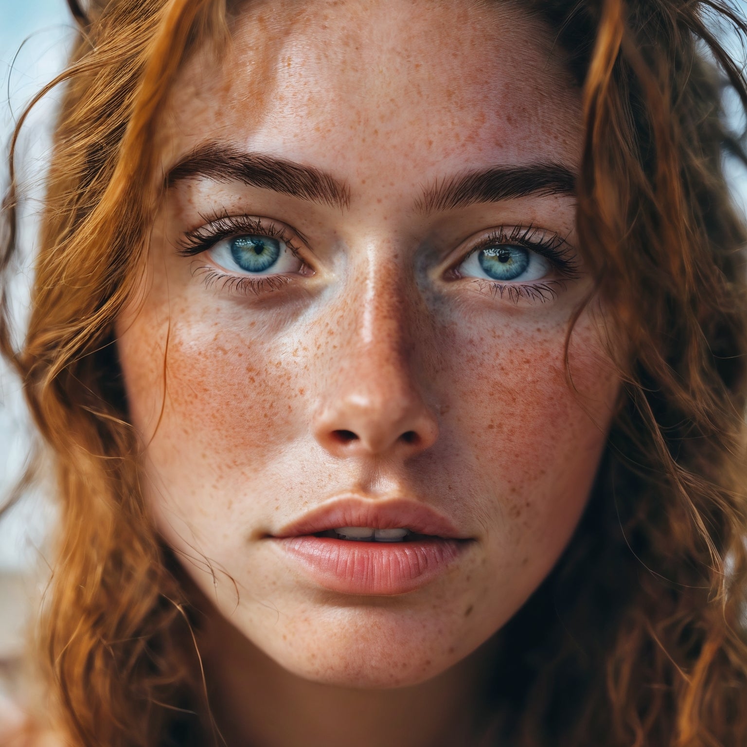 A picture of a woman with freckles on her face