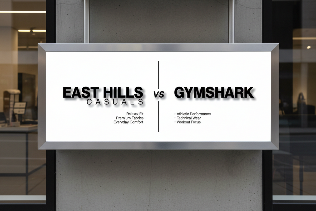 A sign on the side of a building that reads east hills casuals vs Gymshark