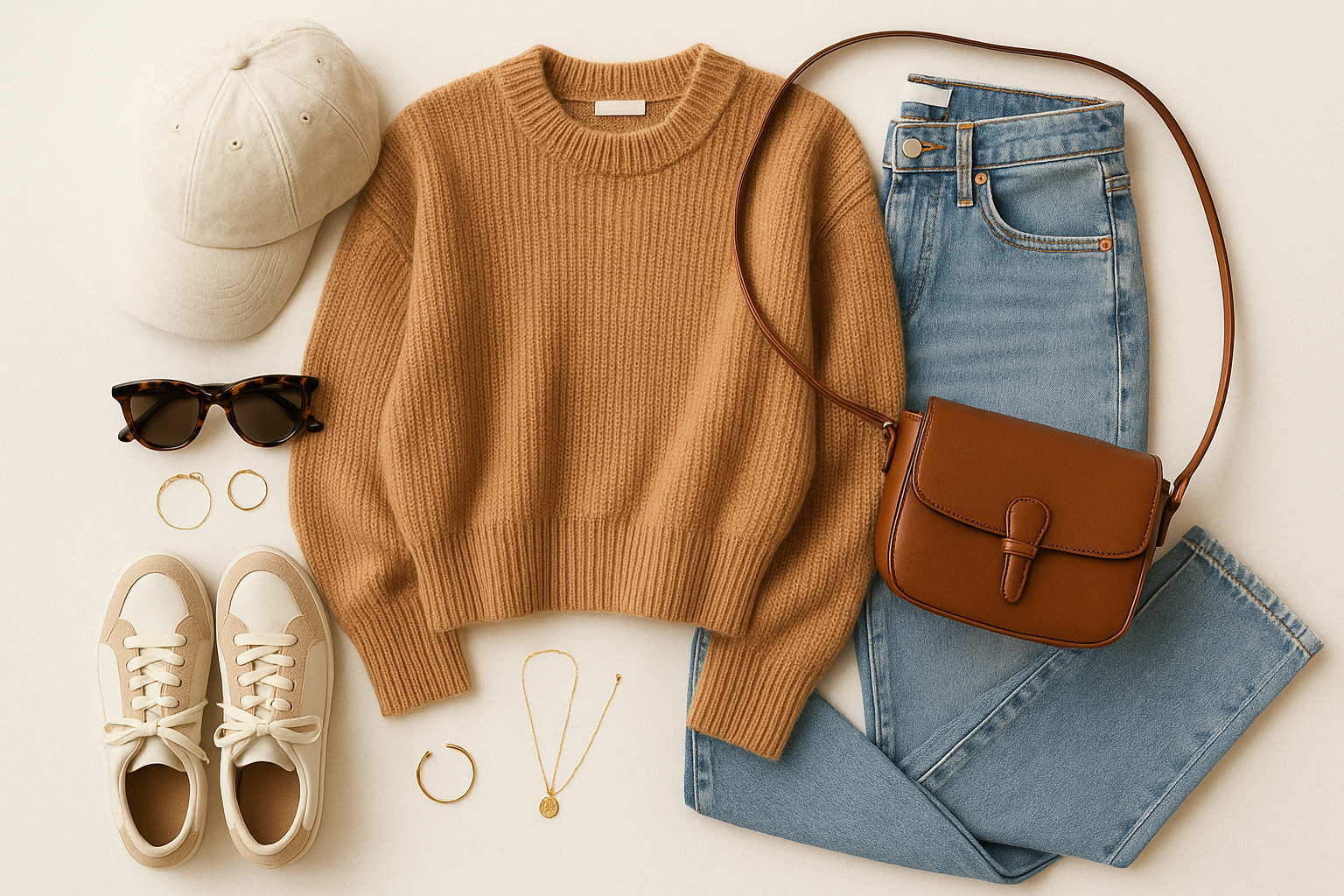 A picture of jeans, sweater, handbag, baseball hat, sunglasses, sneakers and jewelry 