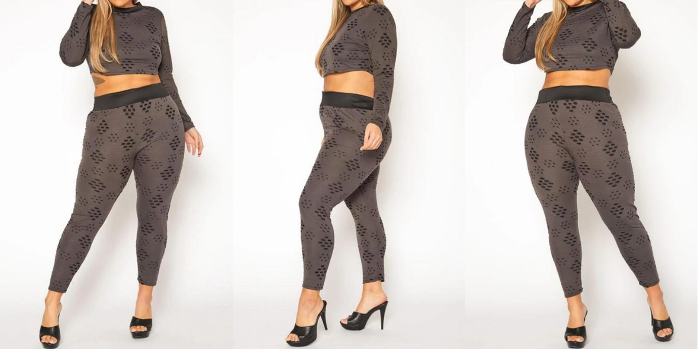 Three women wearing leggings sets