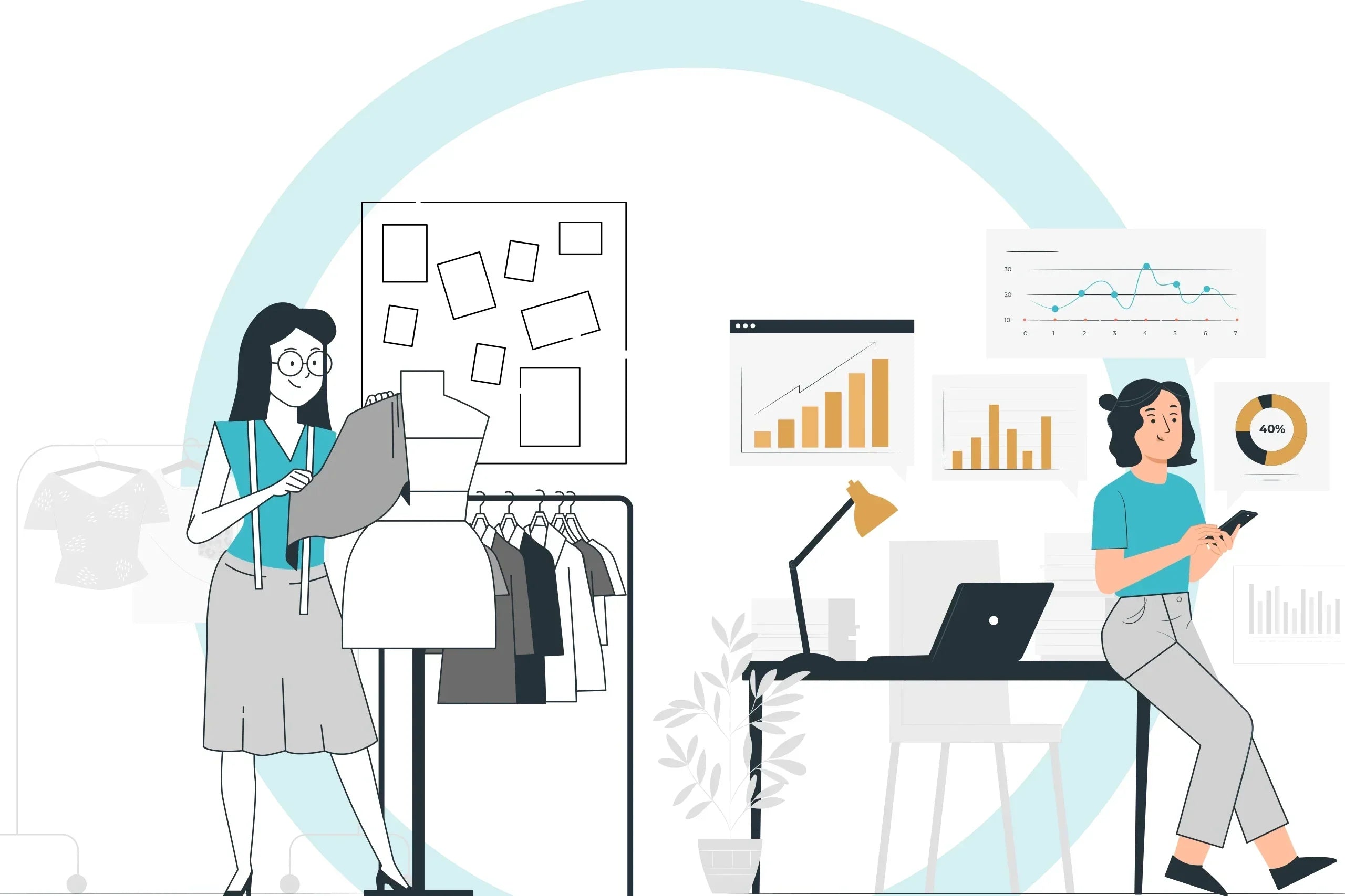 A cartoon drawing with two women one measuring fabric and the other calculating numbers