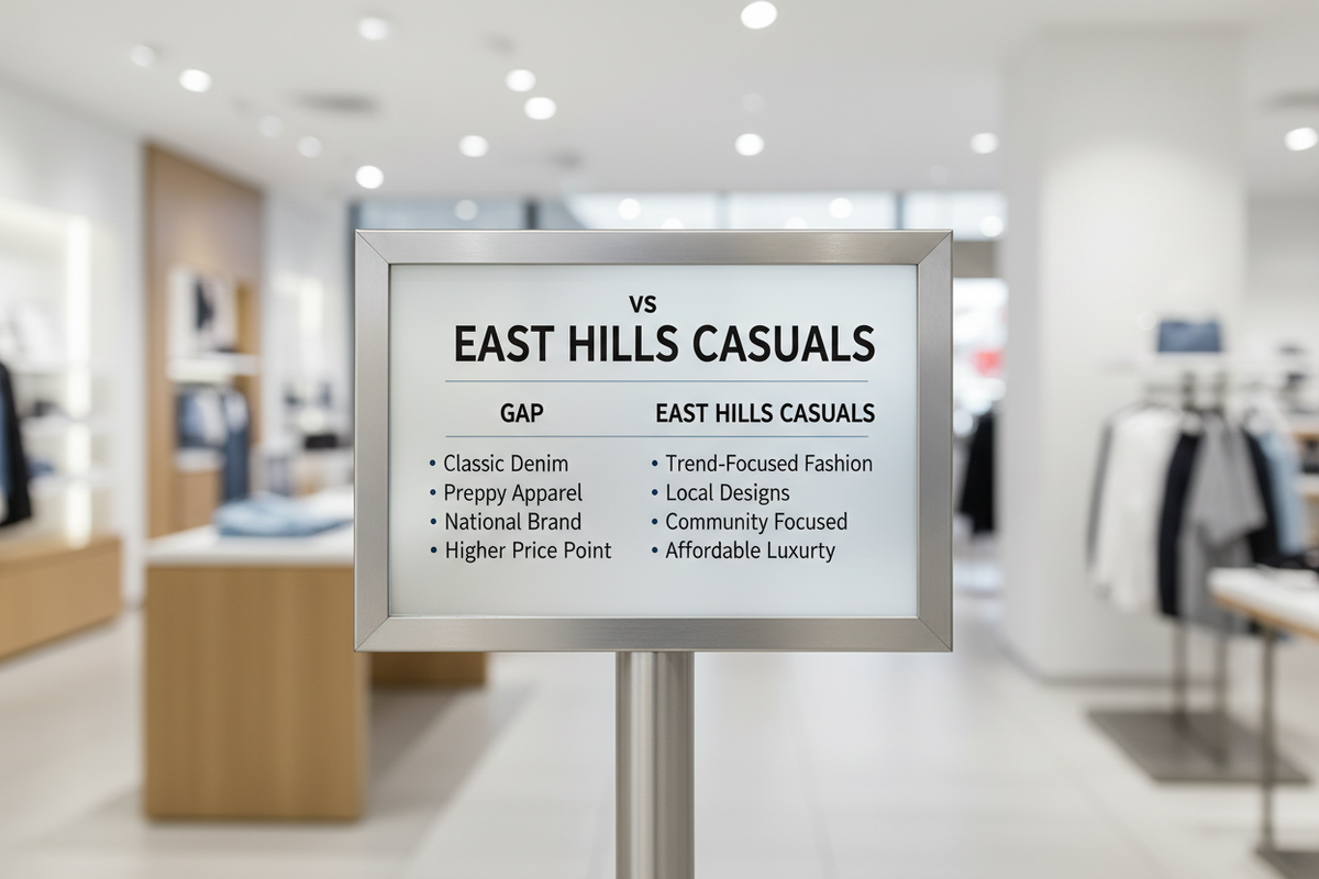 The image shows a professional sign displaying "Gap vs East Hills Casuals" in a clean, modern design perfect for a comparison or competitive