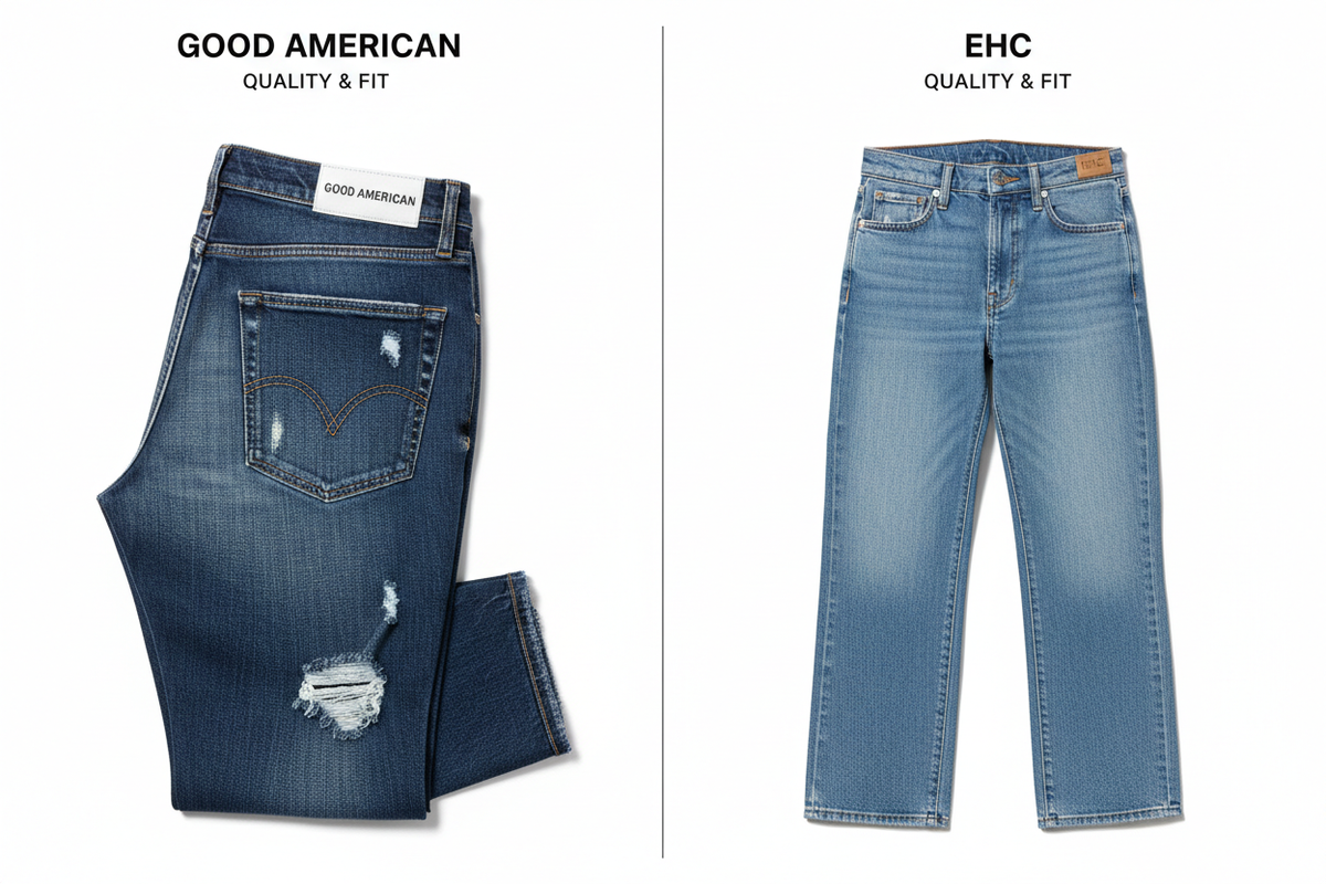 A picture of two pair of jeans one for good american and one from east hills casuals
