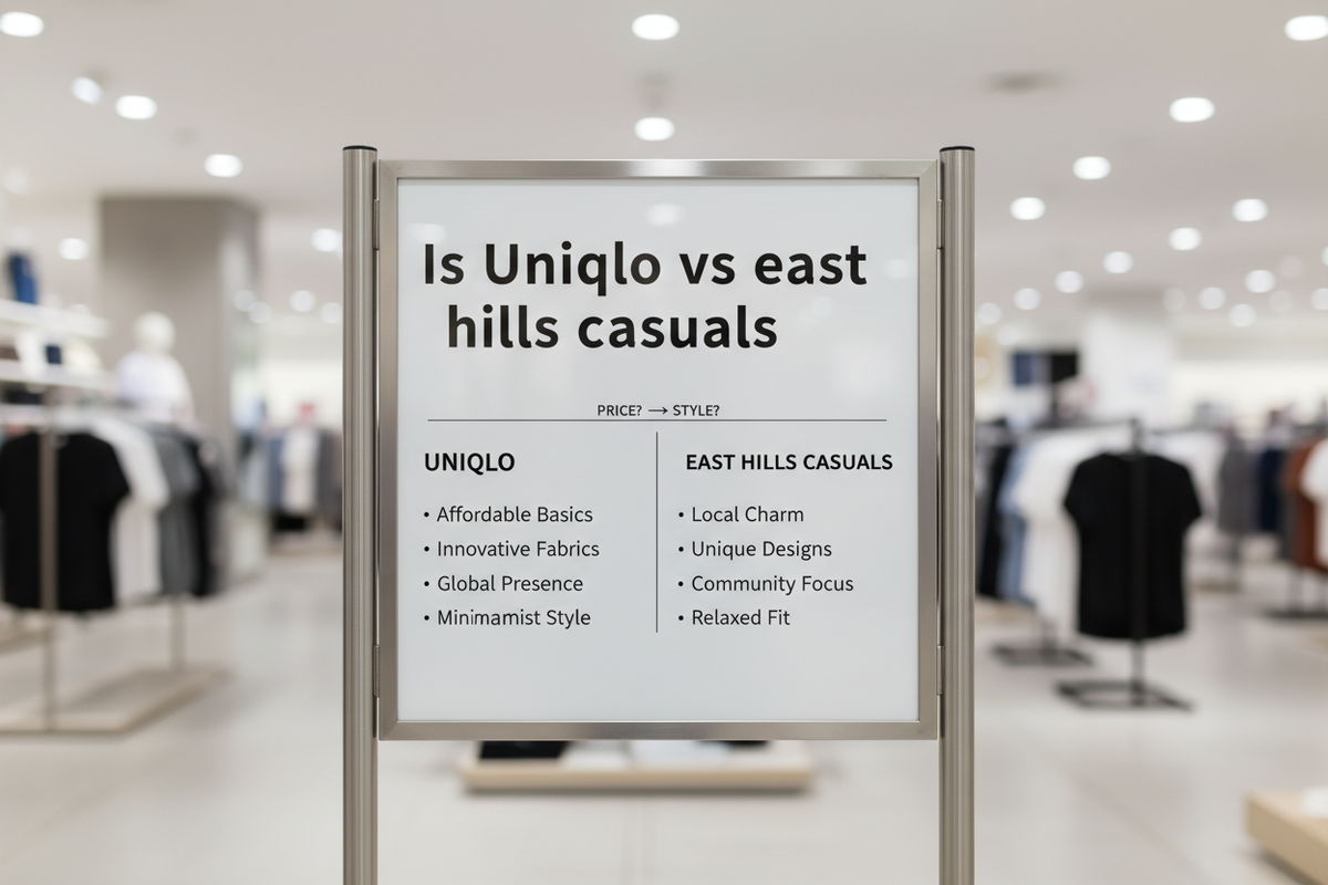 The image shows a professional sign displaying "Is Uniqlo vs east hills casuals" in a clean, modern design.