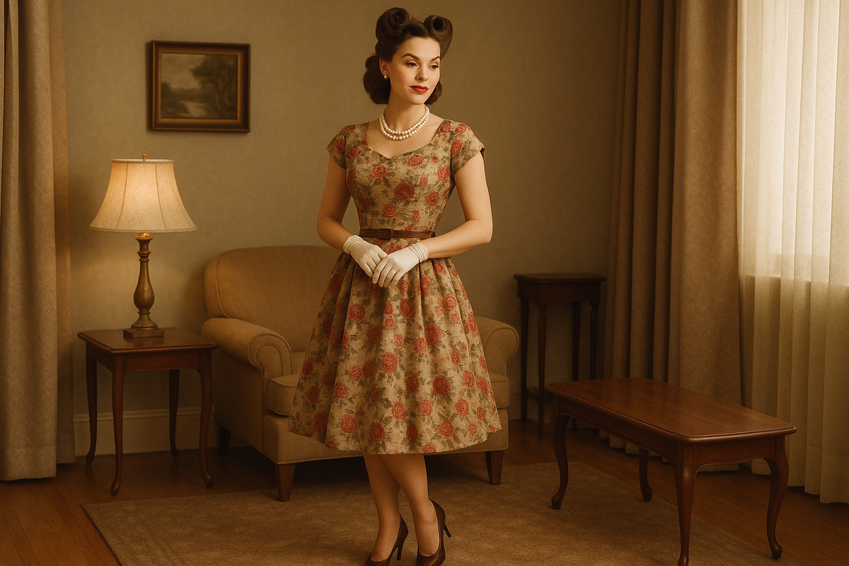 A woman in a 1950's dress with white gloves on standing in a living room