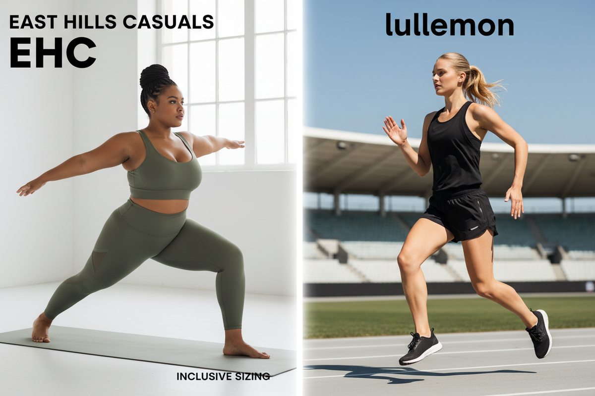 Two women one in green leggings the other in a black tank top and shorts comparing east hills casuals to lululemon