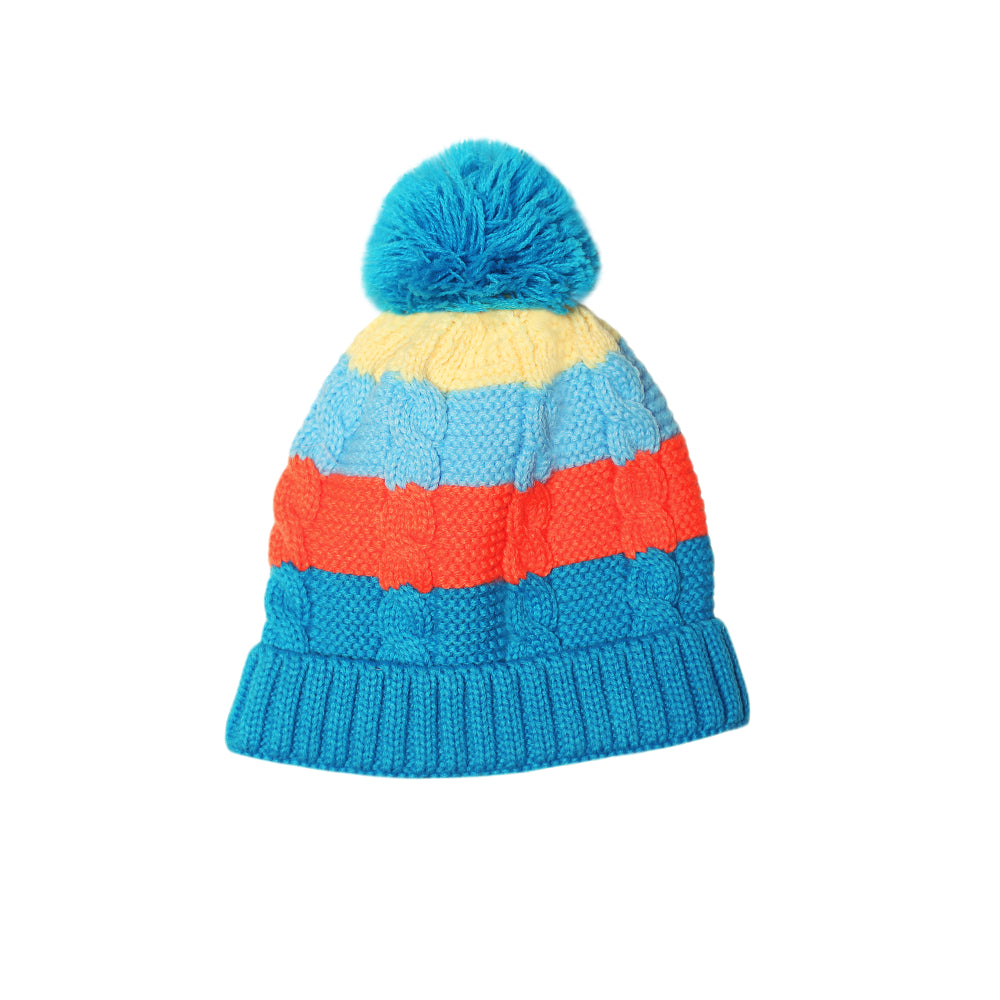 A picture of a blue, red and yellow beanie
