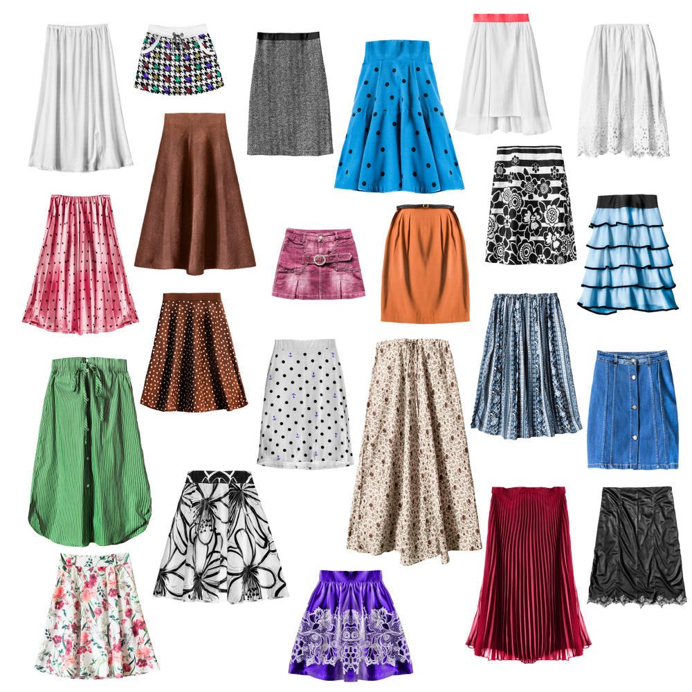 A picture of many skirts in different shapes, color and sizes