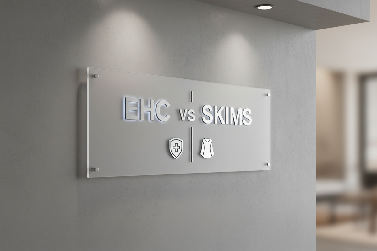 A sign in a building that reads EHC vs Skims