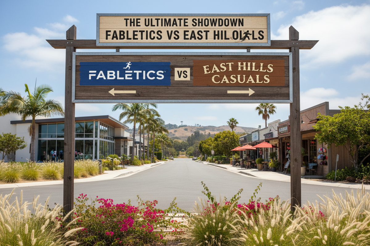 A sign outside the a building that reads fabletics vs east hills casuals