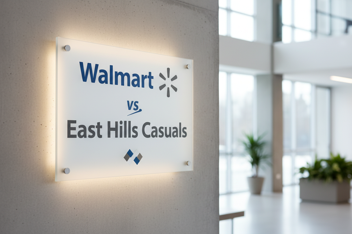 It will show a clean modern sign that reads "Walmart vs East Hills Casuals" in a premium editorial photography style with clear typography and professional presentation.