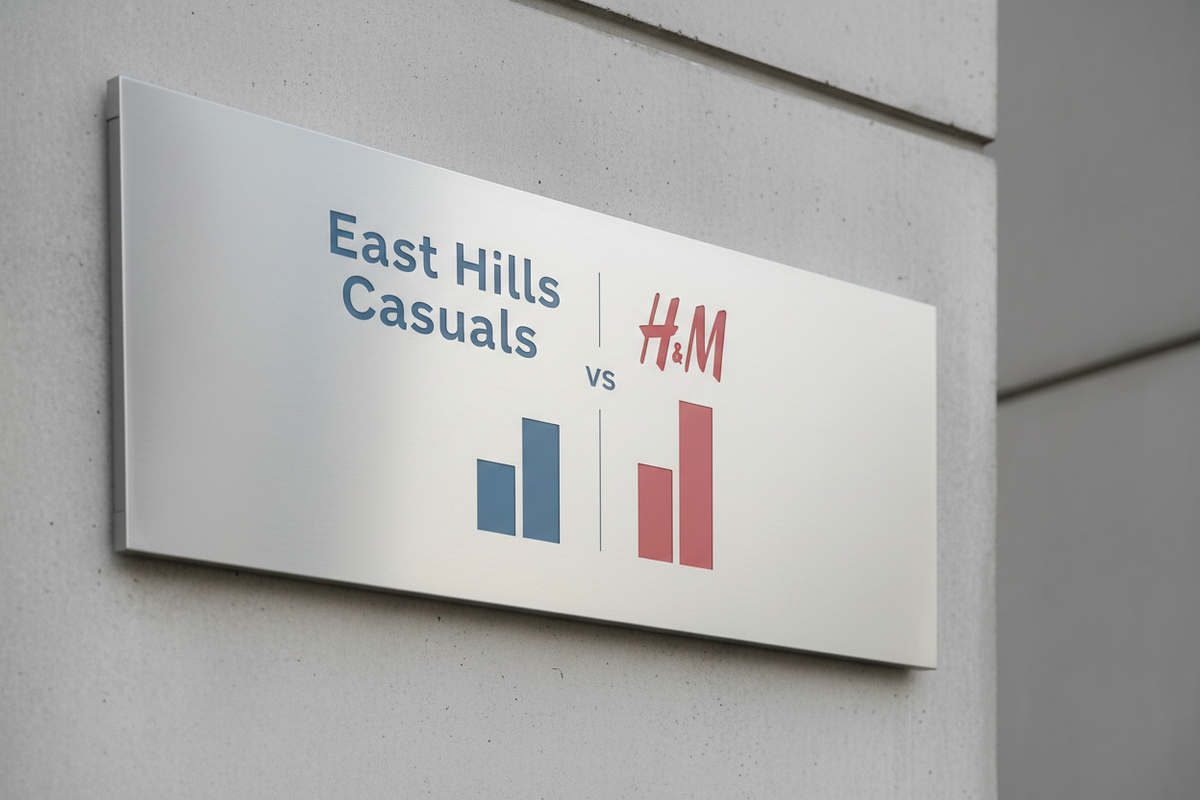 A plaque on a wall with a sign saying East Hills Casuals vs H&M