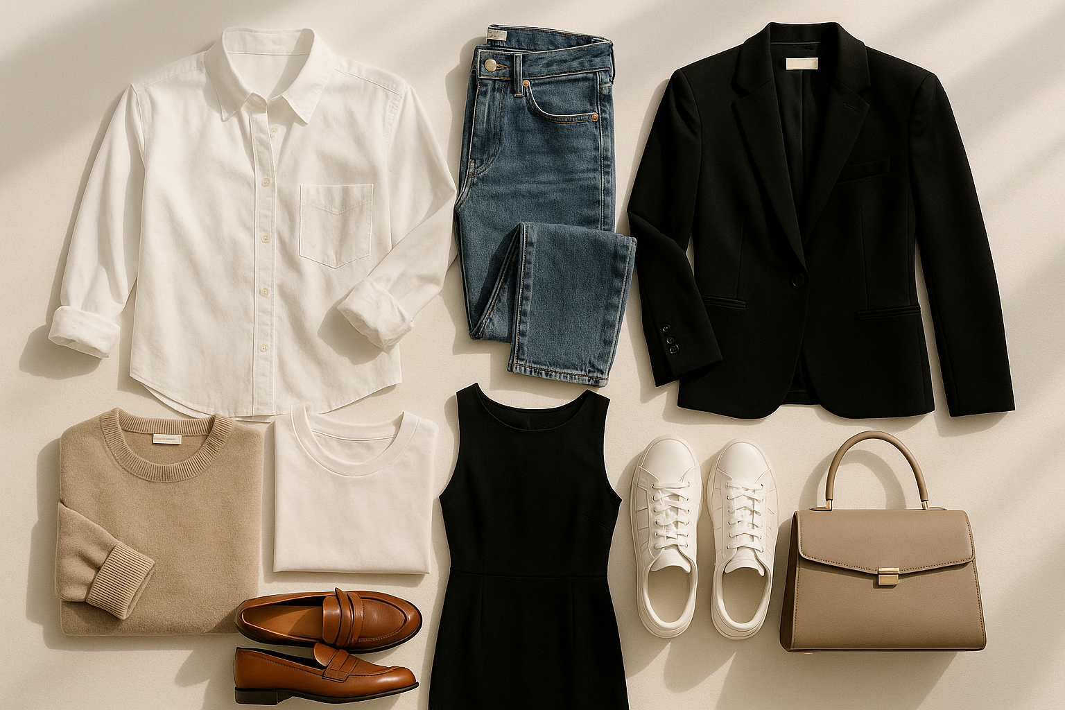 A picture of a white shirt, blue jeans, beige sweater, white tank top, black dress, white sneakers and a beige handbag