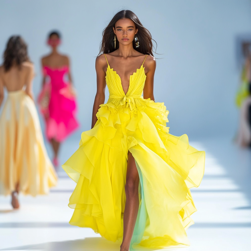A model walking down a fashion runway in a yellow dress