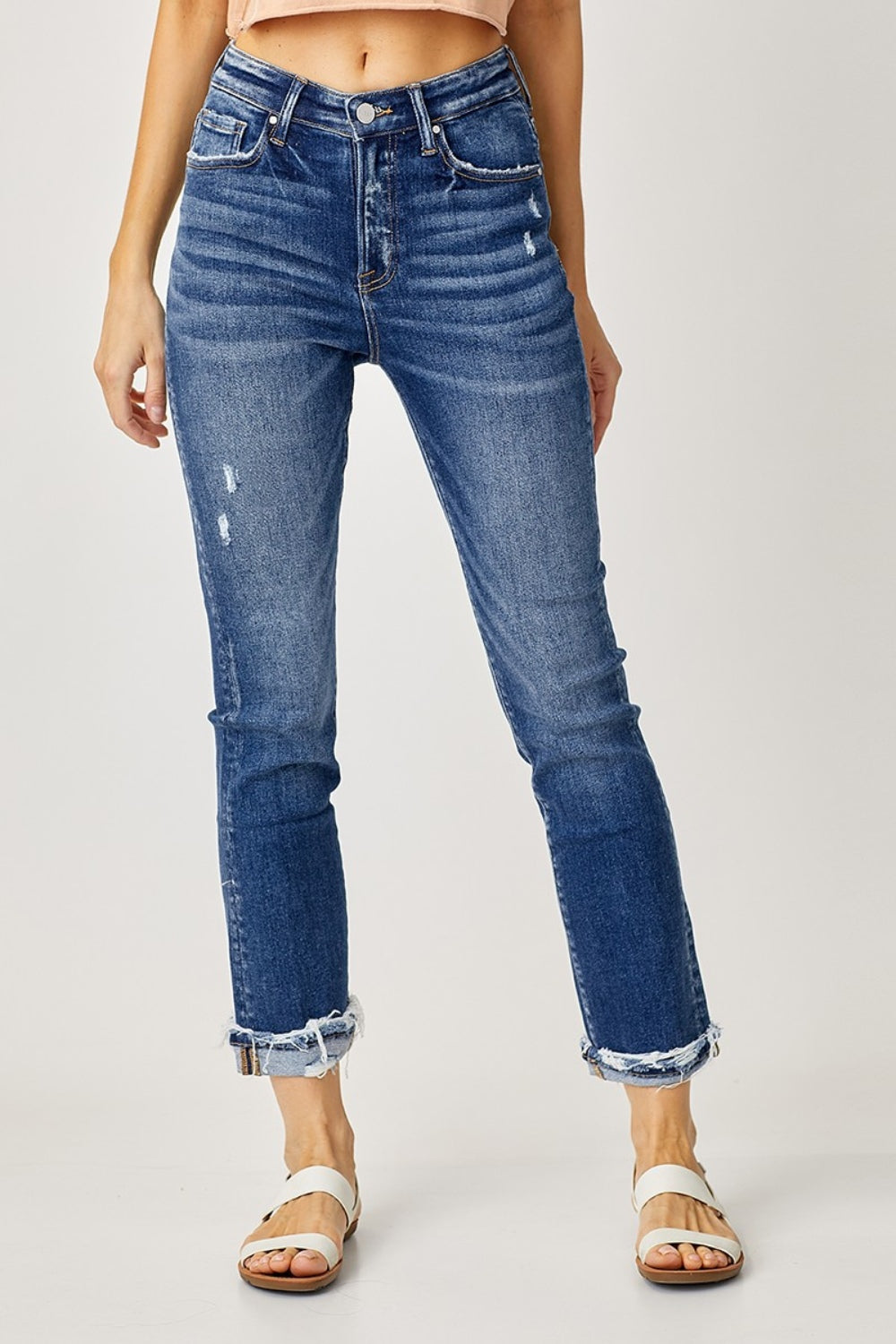 High rise frayed cuff straight leg jeans