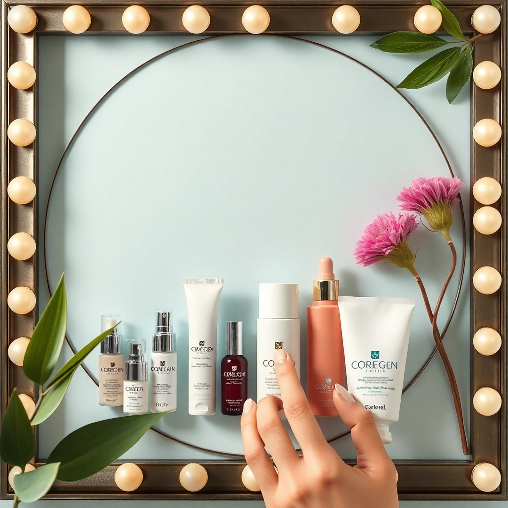 A woman showing many beauty products
