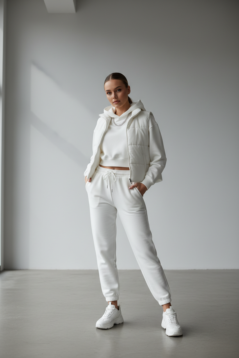 woman wearing white joggers, white hoodie and white vest