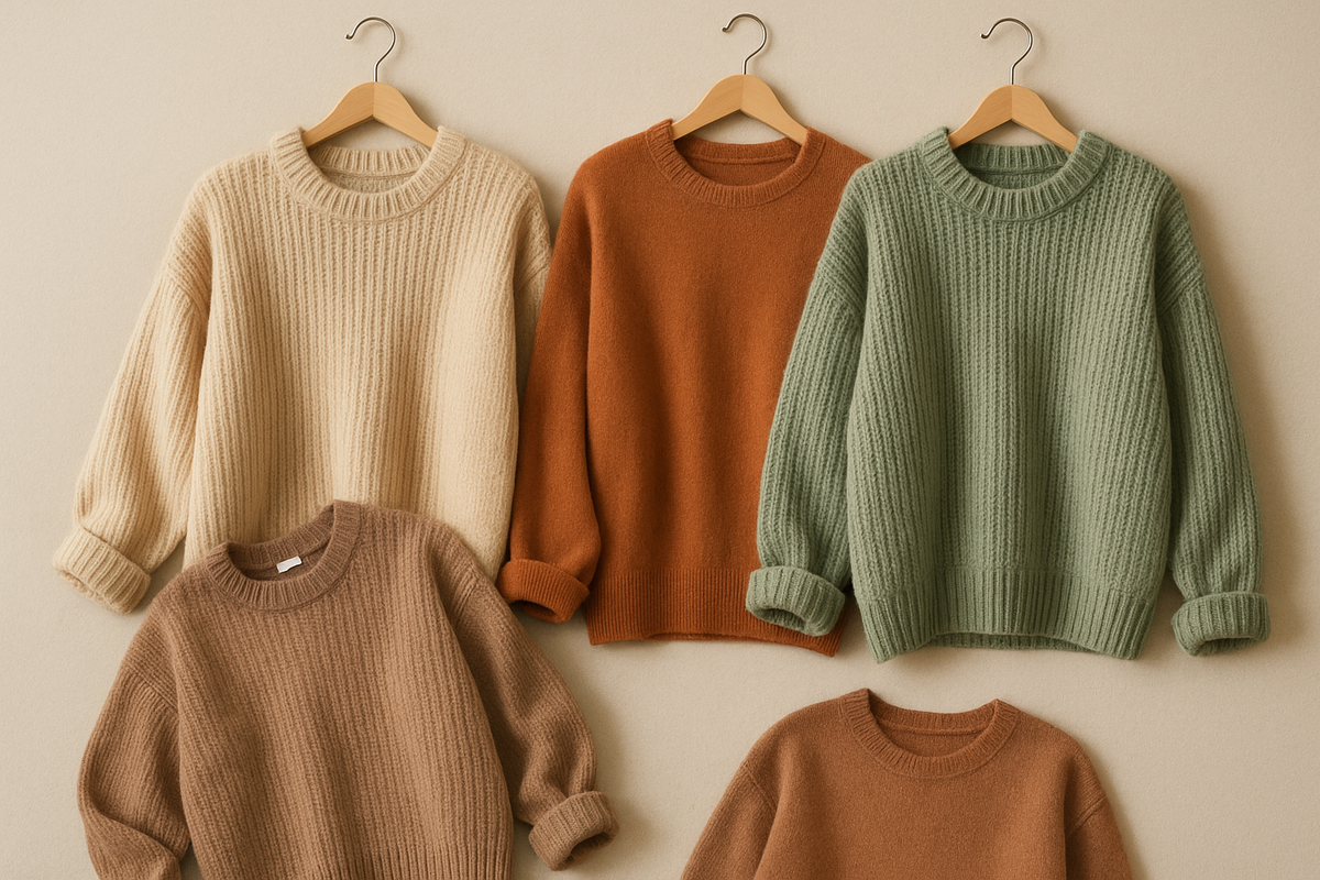 A picture of a beige, brown, green and dark brown sweater