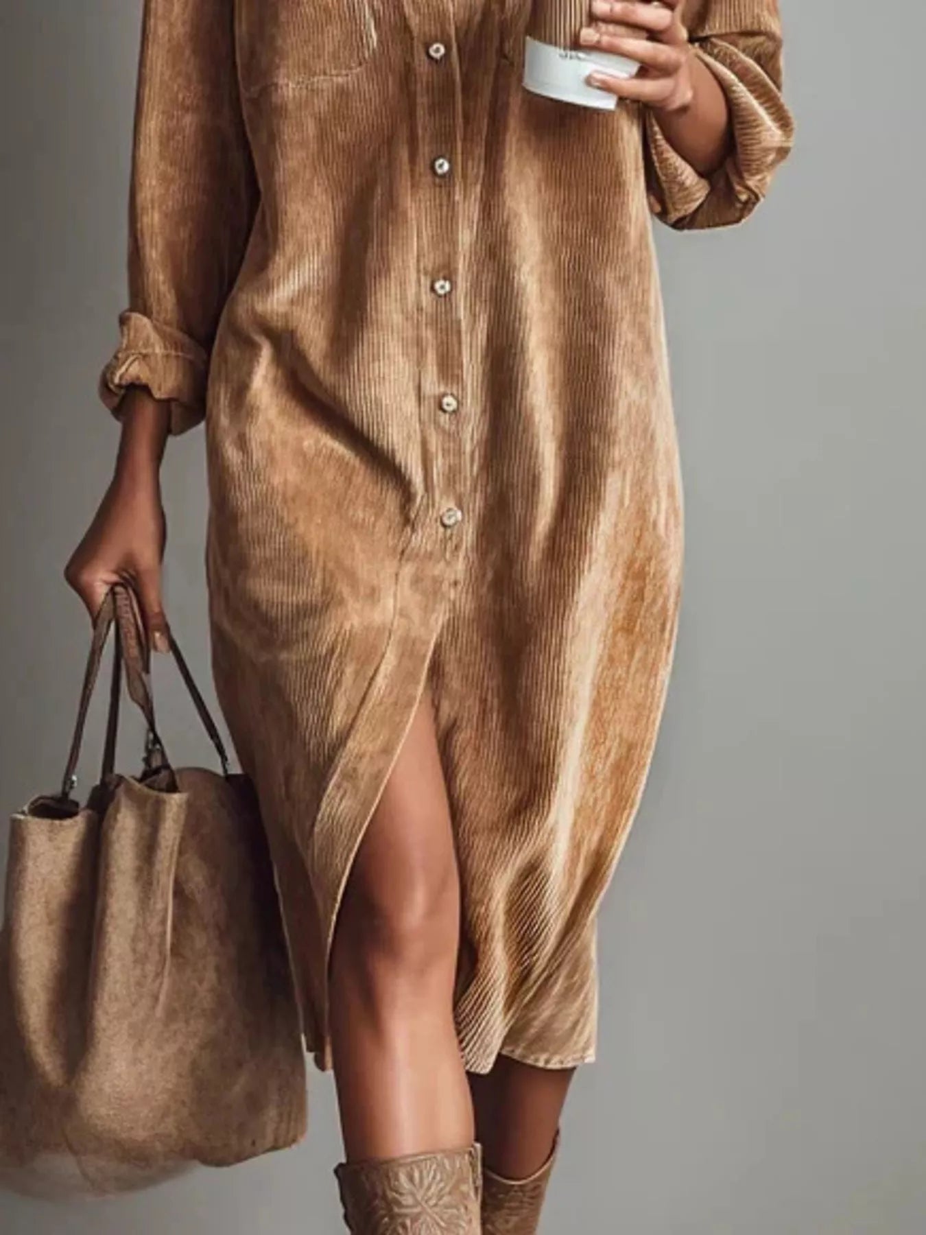 Person wearing a brown corduroy dress holding a matching handbag against a gray background