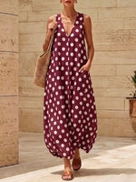 Burgundy Polka Dot V-Neck Sleeveless Maxi Dress