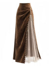 Women's Ultra-Soft Brown Flowy Pearl Trim Slit Maxi Skirt
