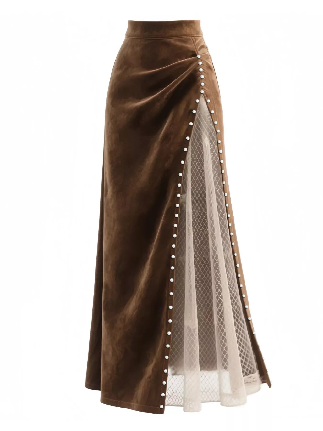 Brown velvet skirt with white mesh panel and decorative buttons on a white background