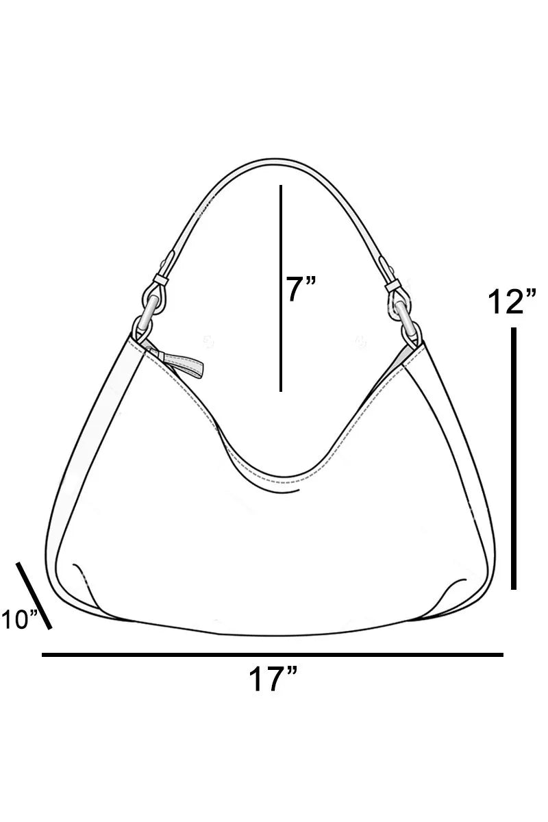 Line drawing of a handbag with dimensions labeled