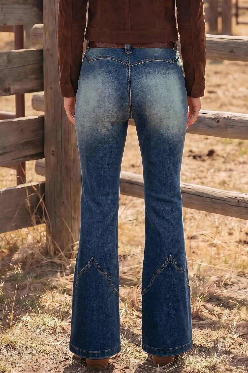 Rear view of a person wearing blue denim flare jeans with a faded light wash at the upper back and decorative stitching near the lower legs, standing outdoors near a wooden fence.